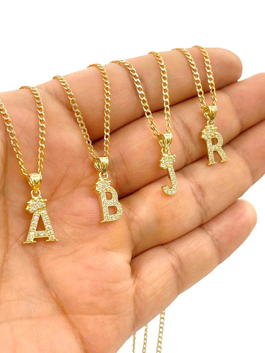 14K Yellow Gold CZ Initials Letters Pendant Charm Necklace Cuban Chain Baby Kids Jewelry Nameplate