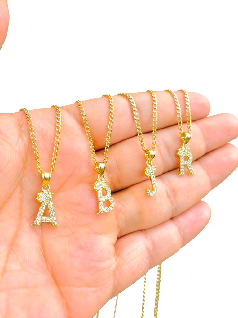 14K Yellow Gold CZ Initials Letters Pendant Charm Necklace Cuban Chain Baby Kids Jewelry Nameplate