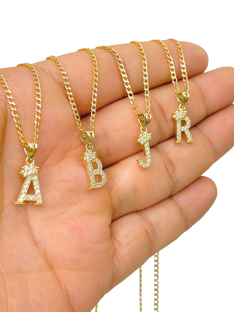 14K Yellow Gold CZ Initials Letters Pendant Charm Necklace Cuban Chain Baby Kids Jewelry Nameplate