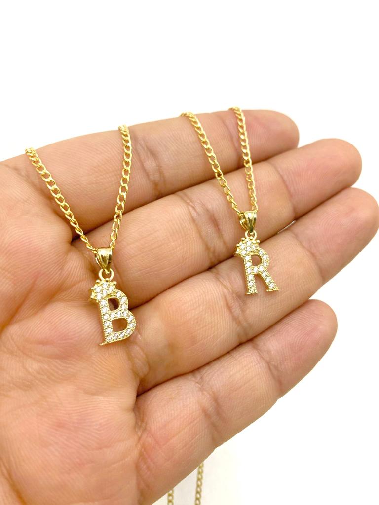 14K Yellow Gold CZ Initials Letters Pendant Charm Necklace Cuban Chain Baby Kids Jewelry Nameplate