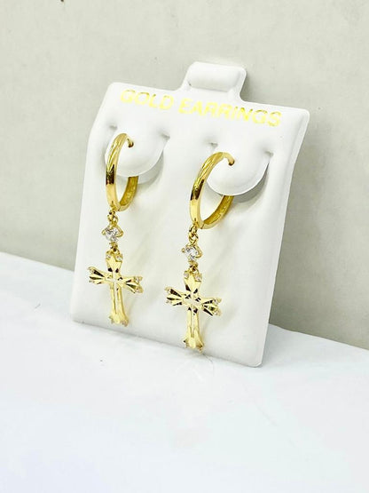 10K Yellow Gold Cross Huggies Hoop Earrings CZ Womens Fancy Jewelry Diamond Cut