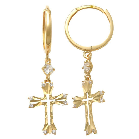 10K Yellow Gold Cross Huggies Hoop Earrings CZ Womens Fancy Jewelry Diamond Cut