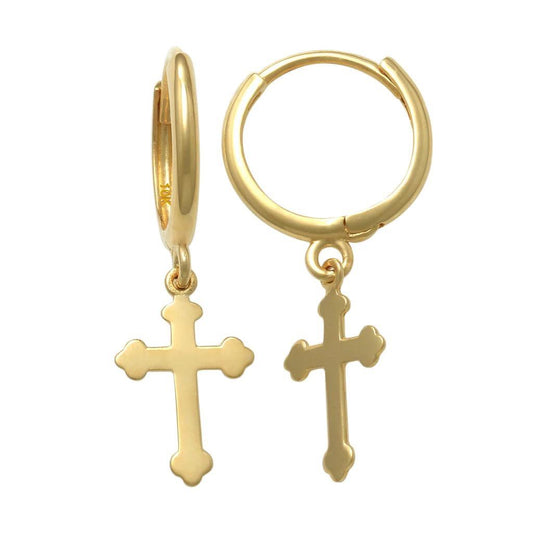 10K Yellow Gold Plain Cross Huggies Hoop Earrings Dangle Womens Baby 1st Communion