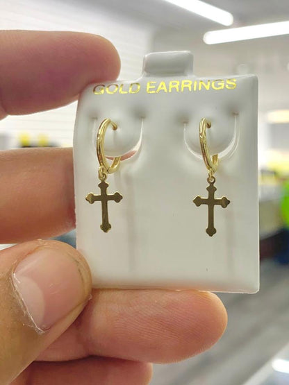 10K Yellow Gold Plain Cross Huggies Hoop Earrings Dangle Womens Baby 1st Communion