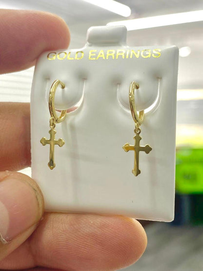 10K Yellow Gold Plain Cross Huggies Hoop Earrings Dangle Womens Baby 1st Communion