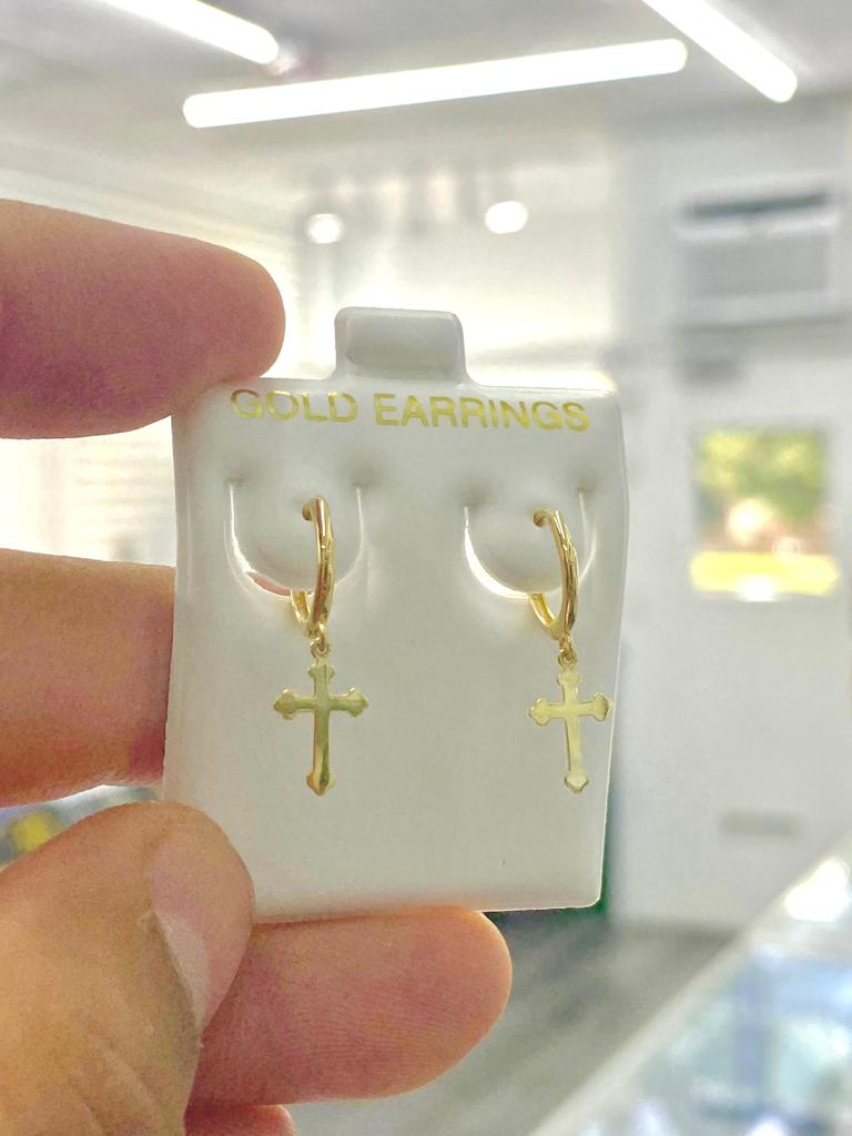 10K Yellow Gold Plain Cross Huggies Hoop Earrings Dangle Womens Baby 1st Communion