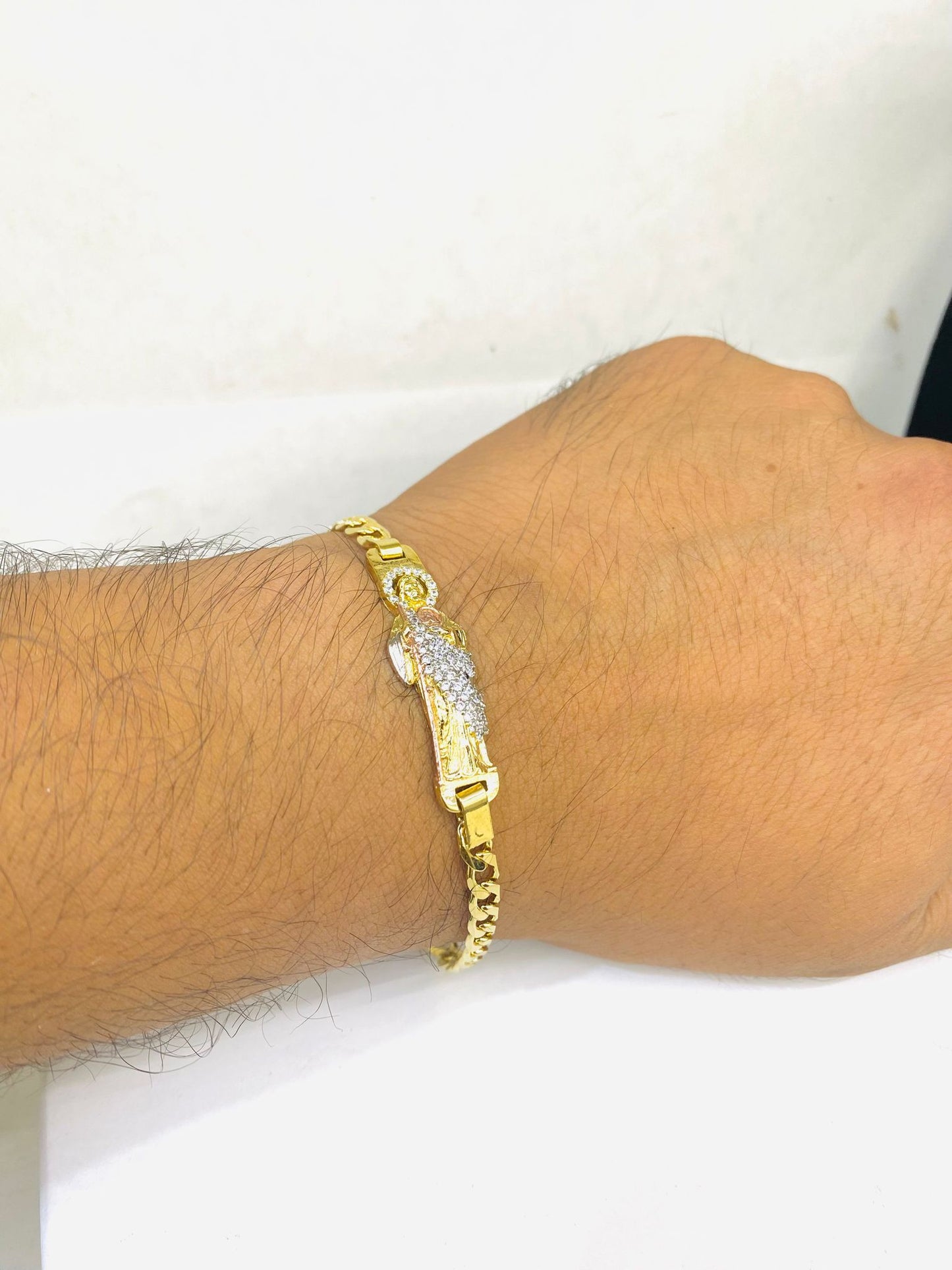 14K Gold Filled San Judas Bracelet Cuban Curb Chain 7.5" & 8" for Mens Boys Religious Gift 10mm