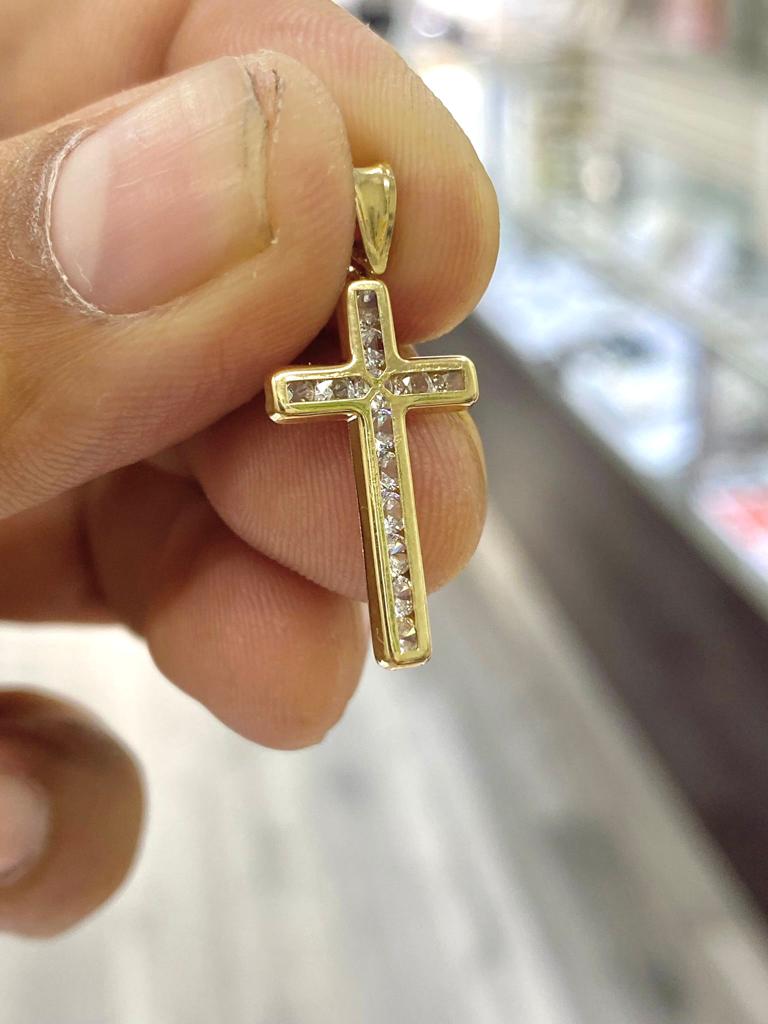 14K Yellow Gold Cross CZ Charm Necklace Miami Curb Chain 16" Baby Jewelry 3.24g Religious