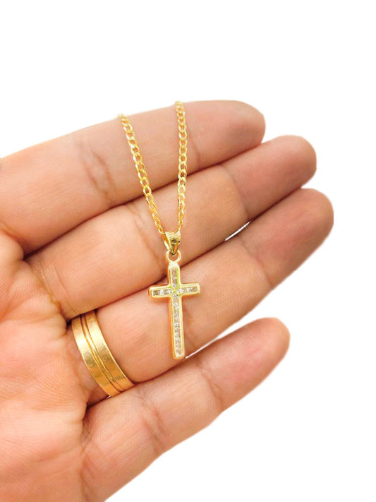 14K Yellow Gold Cross CZ Charm Necklace Miami Curb Chain 16" Baby Jewelry 3.24g Religious