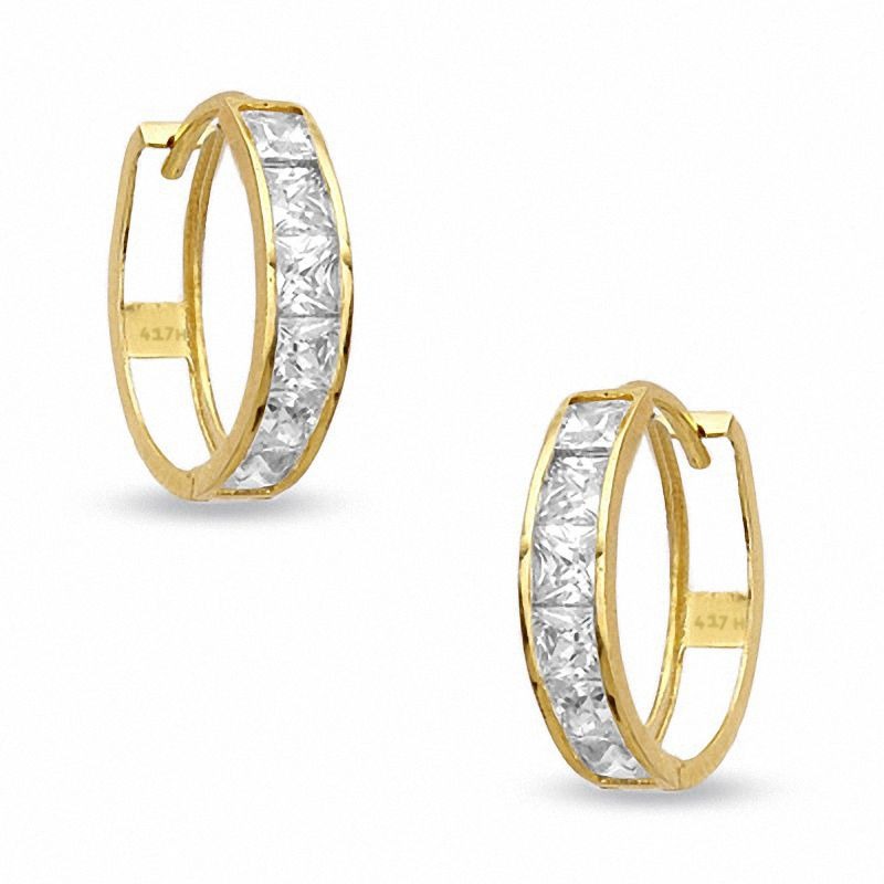 10K Yellow Gold CZ Square Princess Cut Huggies Hoop Earrings Womens Girls Clip On Jewelry