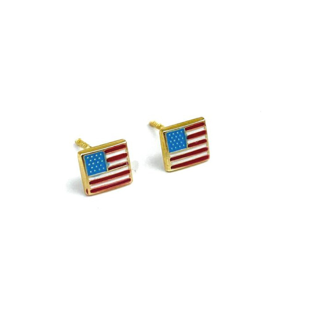 USA American Flag Stud Earrings Screw Back in 14K Gold for Womens Baby Girls 5mm