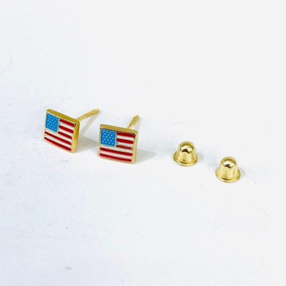 USA American Flag Stud Earrings Screw Back in 14K Gold for Womens Baby Girls 5mm