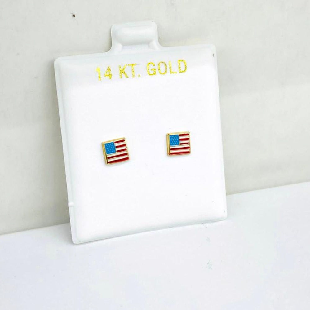 USA American Flag Stud Earrings Screw Back in 14K Gold for Womens Baby Girls 5mm