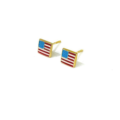 USA American Flag Stud Earrings Screw Back in 14K Gold for Womens Baby Girls 5mm