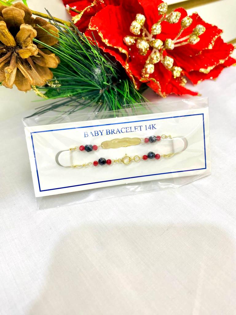 14K Yellow Gold Baby ID Bracelet Heart Cloud 5" Protection Good Luck Red Black Beads Gifts Idea