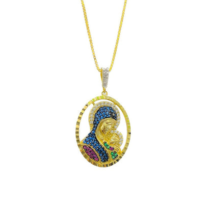 14K Gold Filled Virgin Mary with Jesus Necklace Charm Pendant Womens Mens Religious 31x22