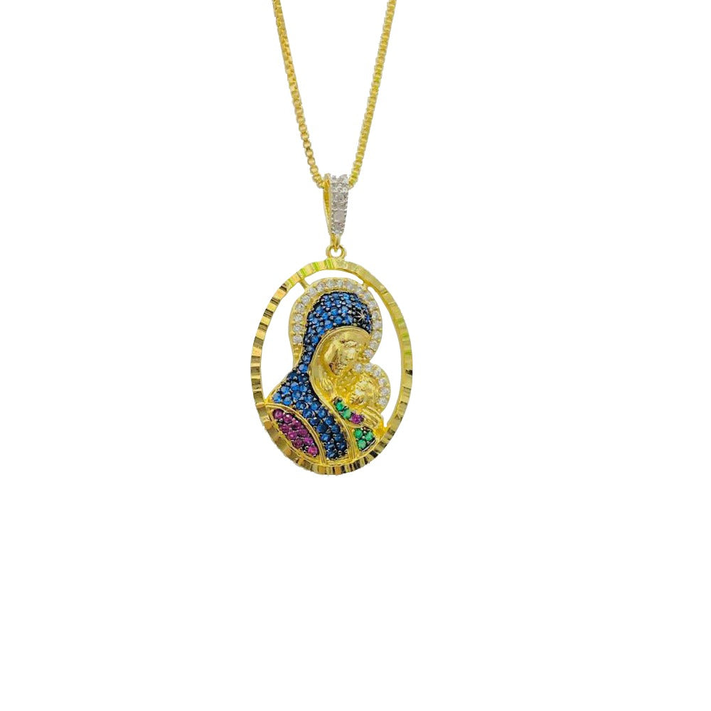 14K Gold Filled Virgin Mary with Jesus Necklace Charm Pendant Womens Mens Religious 31x22