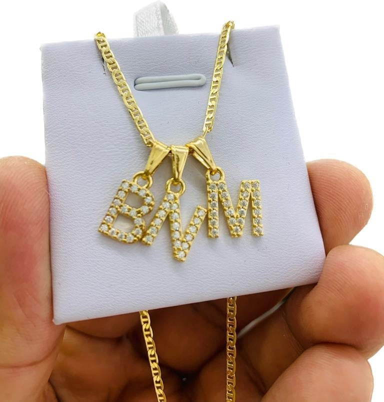 14K Yellow Gold Filled Letter Initials Pendant Necklace Charm Alphabetic CZ Cadena Letras