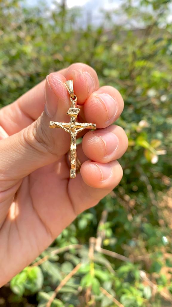 Rustic Cross Pendant Crucifix Charm Medal for Mens Womens 33x18mm Gold Filled