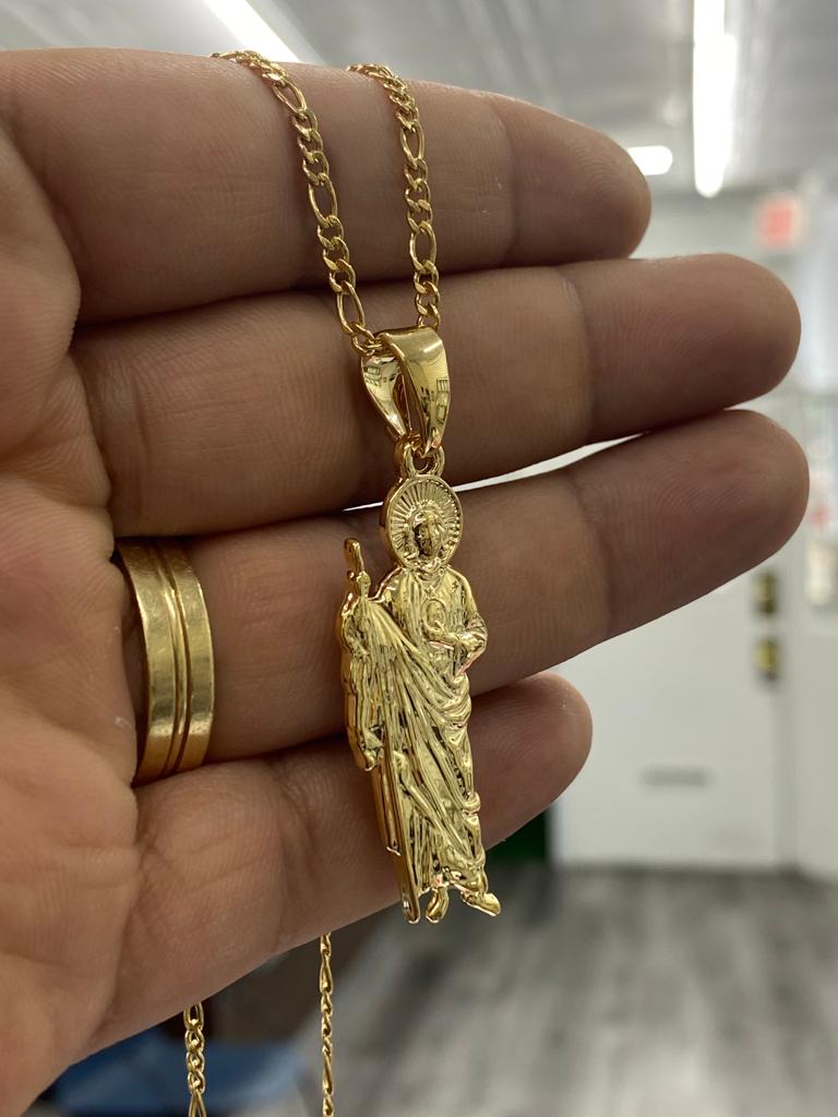 14K Gold Filled San Judas Necklace for Womens Mens Kids Figaro Chain Saint Jude Charm