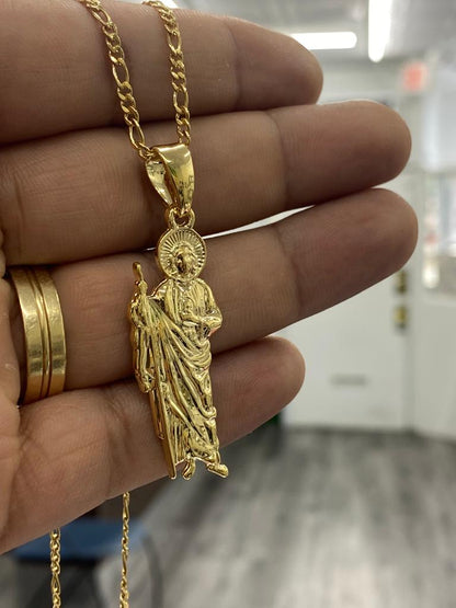 14K Gold Filled San Judas Necklace for Womens Mens Kids Figaro Chain Saint Jude Charm