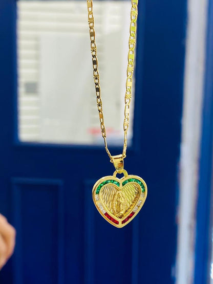 CZ Heart Virgen de Guadalupe Necklace Pendant 19x18 Valentino Chain 14K Gold Filled Womens