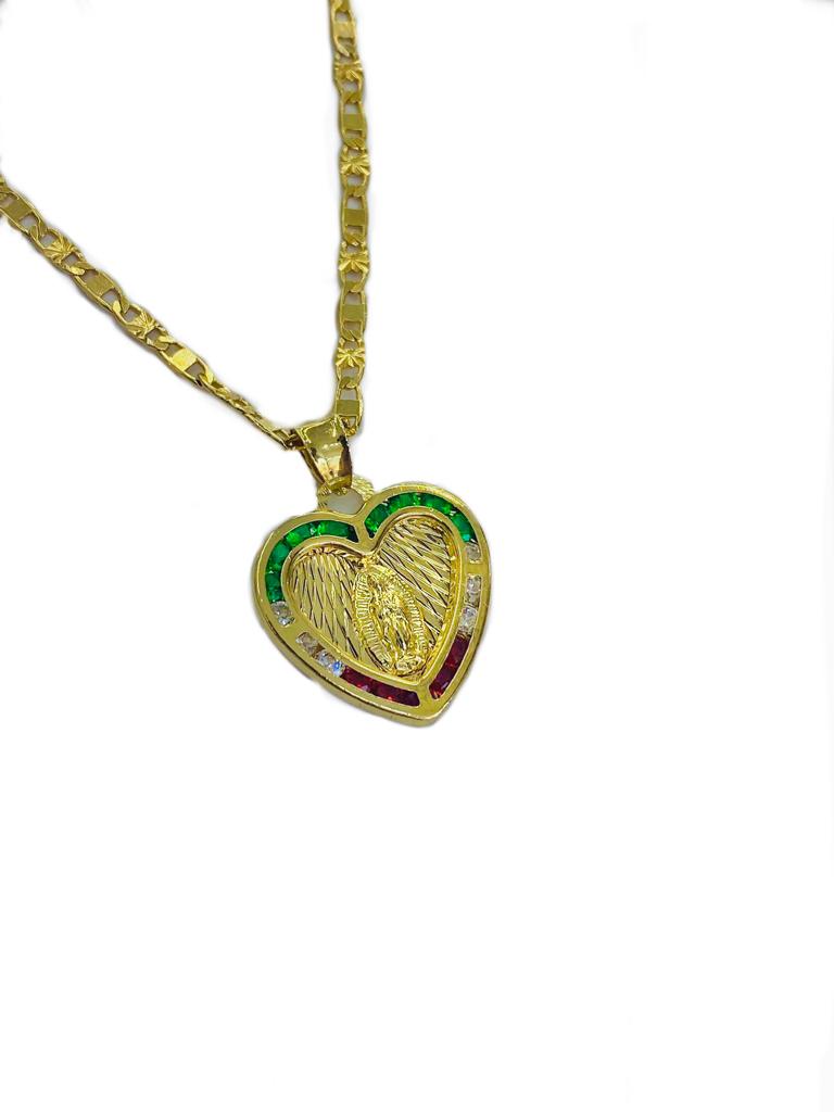 CZ Heart Virgen de Guadalupe Necklace Pendant 19x18 Valentino Chain 14K Gold Filled Womens