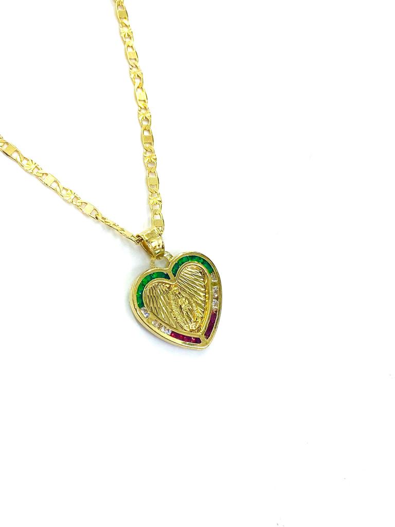 CZ Heart Virgen de Guadalupe Necklace Pendant 19x18 Valentino Chain 14K Gold Filled Womens