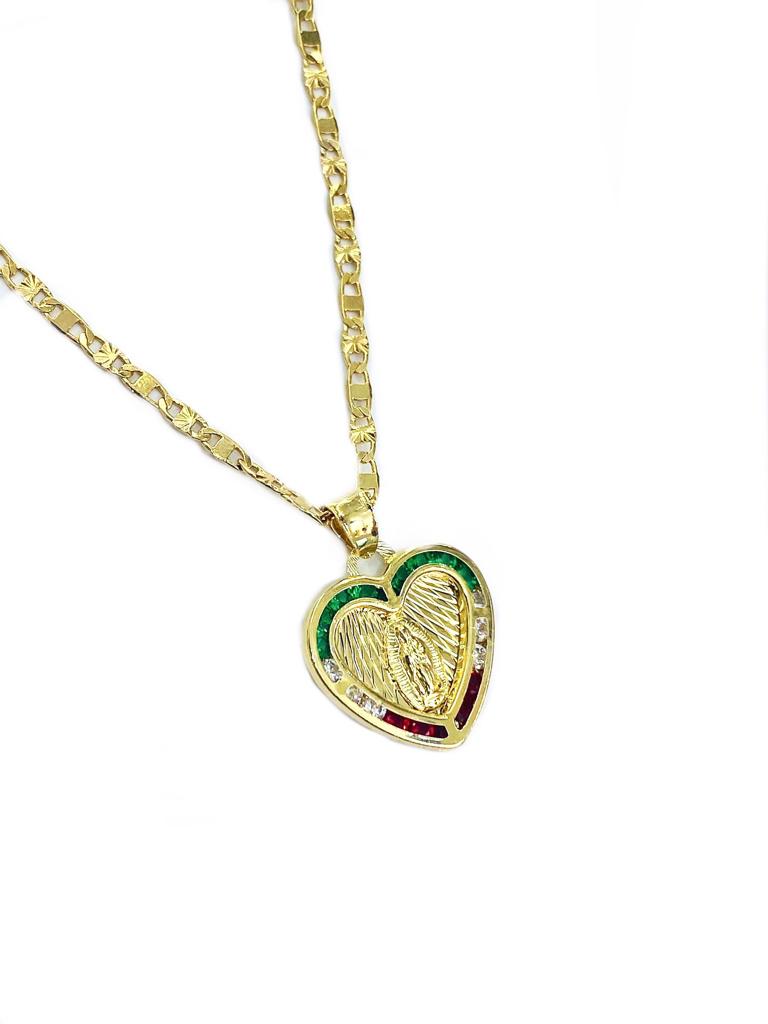 CZ Heart Virgen de Guadalupe Necklace Pendant 19x18 Valentino Chain 14K Gold Filled Womens