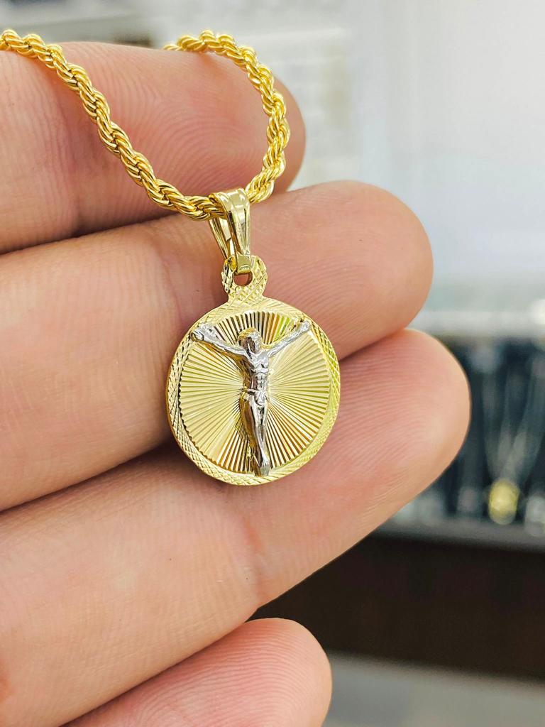 Jesus Christ Necklace Pendant Rope Chain 2mm Unisex 14K Gold Filled Round 20x14mm