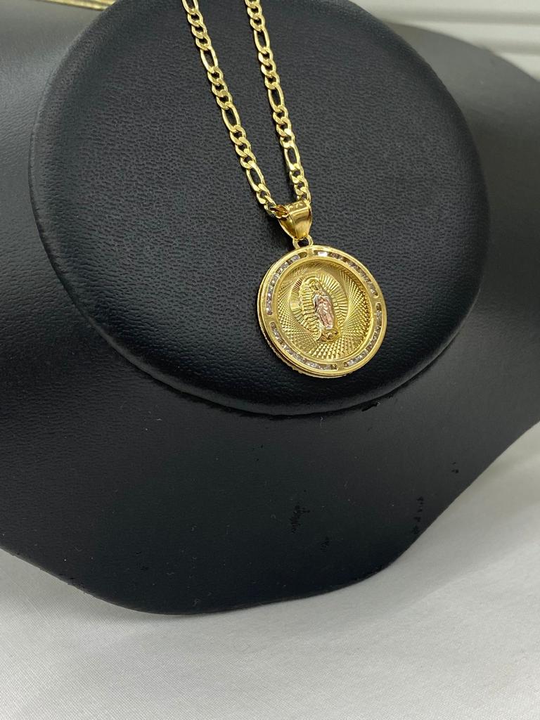 Virgen de Guadalupe Necklace Round CZ Pendant 23x20mm 14K Gold Filled Figaro Chain