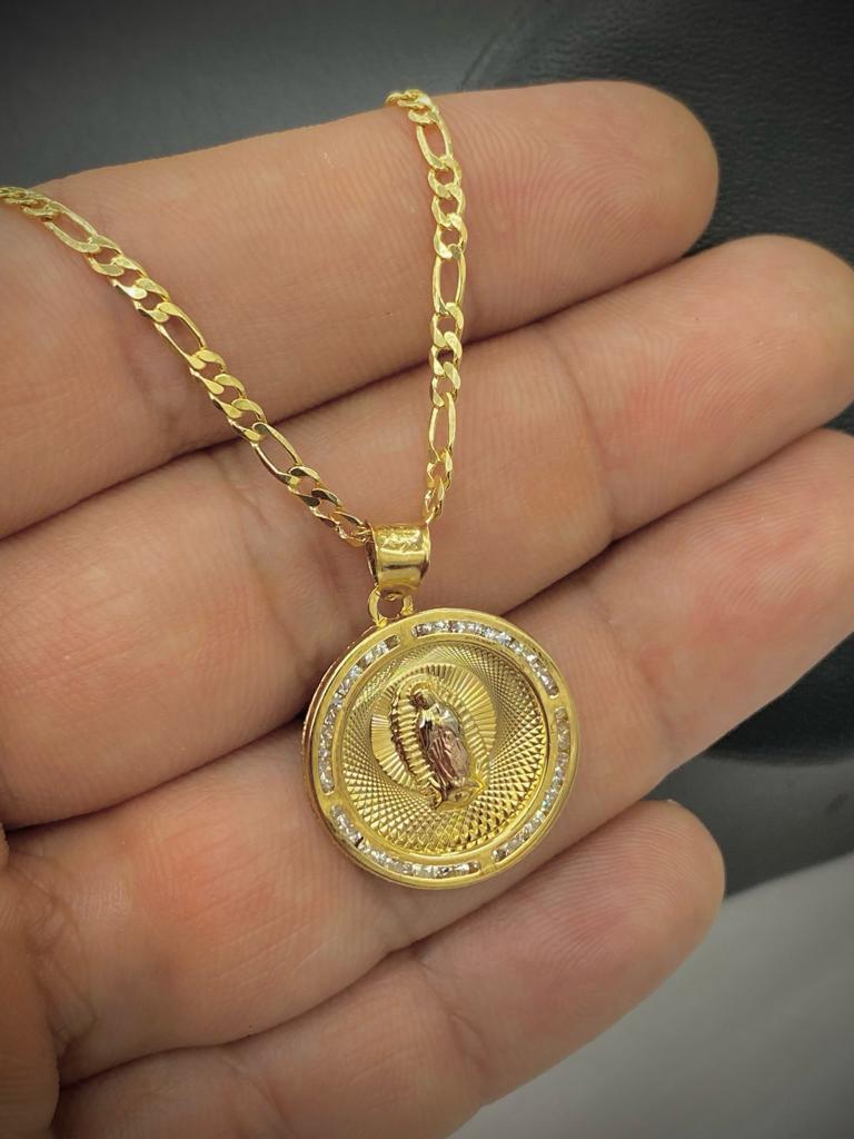 Virgen de Guadalupe Necklace Round CZ Pendant 23x20mm 14K Gold Filled Figaro Chain