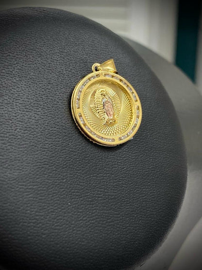 Virgen de Guadalupe Necklace Round CZ Pendant 23x20mm 14K Gold Filled Figaro Chain