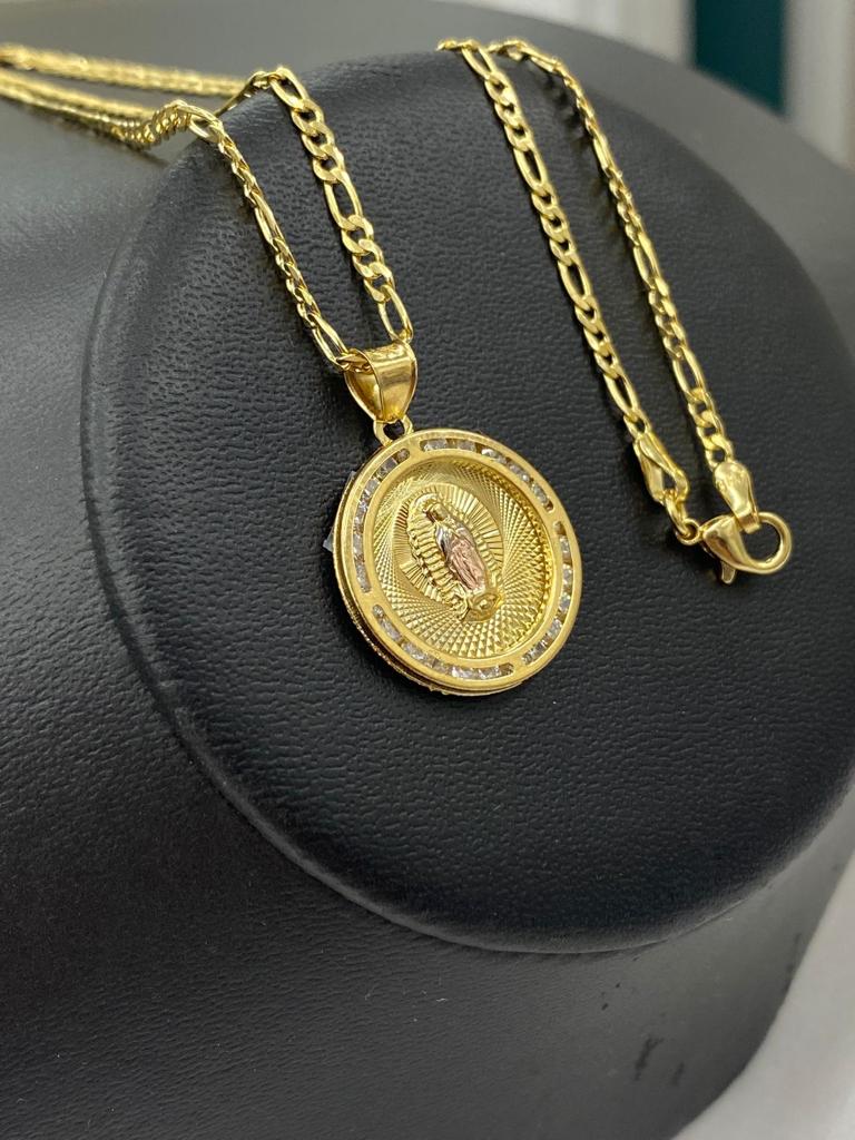 Virgen de Guadalupe Necklace Round CZ Pendant 23x20mm 14K Gold Filled Figaro Chain