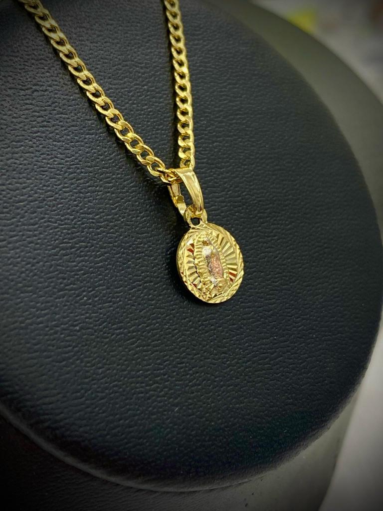 Round Virgen De Guadalupe Necklace Diamond Cut 14K Gold Filled Kids Unisex Adults 14x11