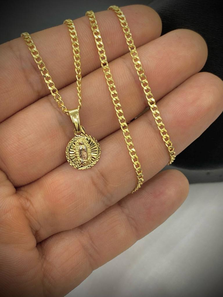 Round Virgen De Guadalupe Necklace Diamond Cut 14K Gold Filled Kids Unisex Adults 14x11