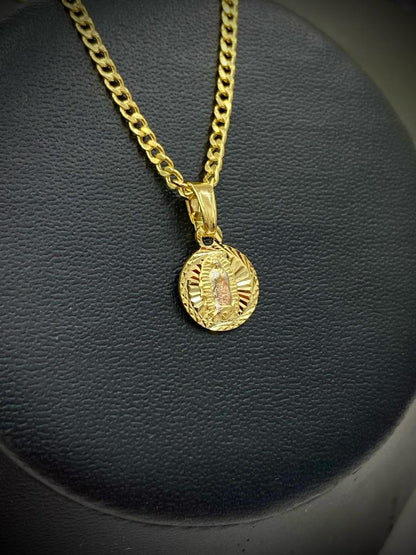 Round Virgen De Guadalupe Necklace Diamond Cut 14K Gold Filled Kids Unisex Adults 14x11