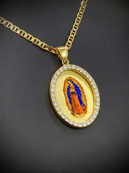 14K Gold Filled Virgen De Guadalupe Necklace CZ Mariner Chain Enamel Men Women 43x30