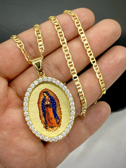 14K Gold Filled Virgen De Guadalupe Necklace CZ Mariner Chain Enamel Men Women 43x30