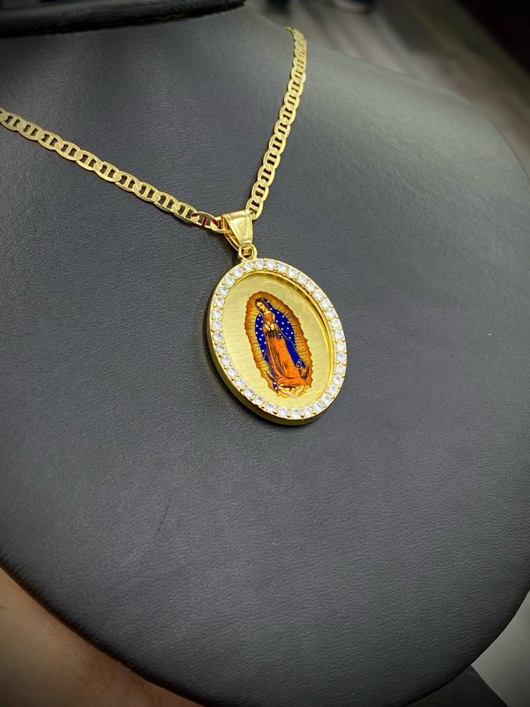 14K Gold Filled Virgen De Guadalupe Necklace CZ Mariner Chain Enamel Men Women 43x30