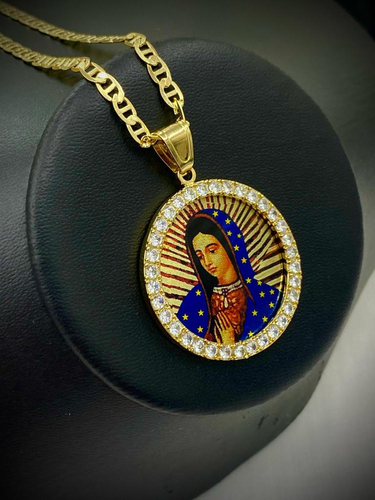 Round Virgen de Guadalupe CZ Necklace Mariner Chain Mens Womens 14K Gold Filled Enamel