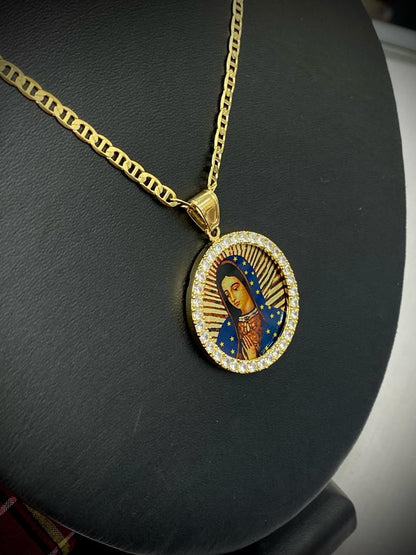 Round Virgen de Guadalupe CZ Necklace Mariner Chain Mens Womens 14K Gold Filled Enamel