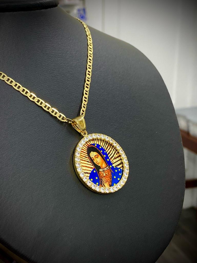 Round Virgen de Guadalupe CZ Necklace Mariner Chain Mens Womens 14K Gold Filled Enamel