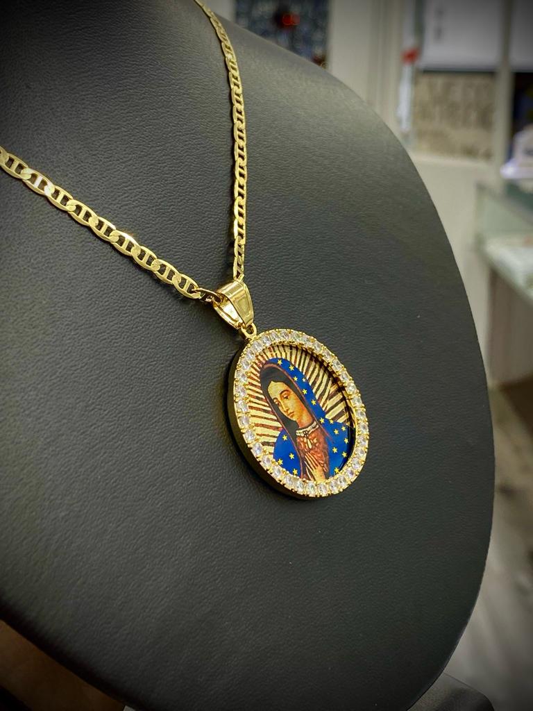 Round Virgen de Guadalupe CZ Necklace Mariner Chain Mens Womens 14K Gold Filled Enamel