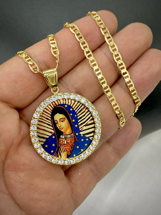 Round Virgen de Guadalupe CZ Necklace Mariner Chain Mens Womens 14K Gold Filled Enamel