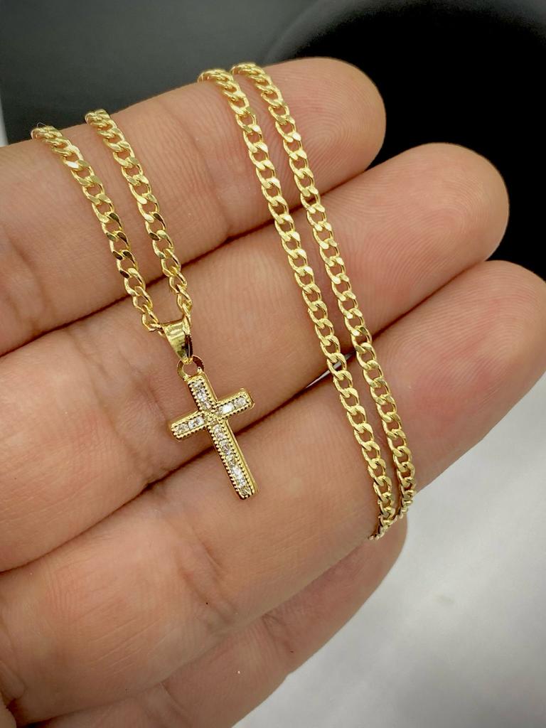 Cross Pendant Necklace CZ Small 14K Gold Filled Curb Chain Unisex Kids Adults 17x10mm