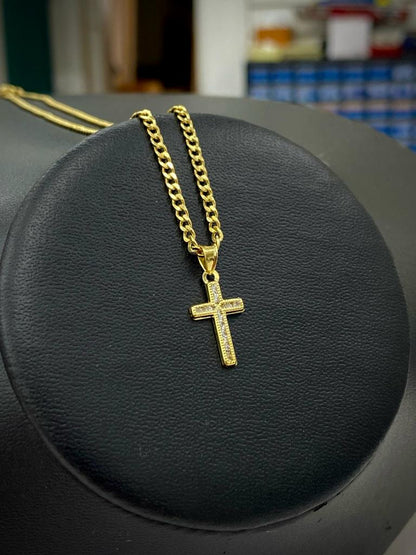 Cross Pendant Necklace CZ Small 14K Gold Filled Curb Chain Unisex Kids Adults 17x10mm