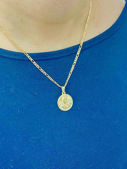 Jesus Pendant Necklace Figaro Chain For Mens Womens 14K Gold Filled 21x18mm