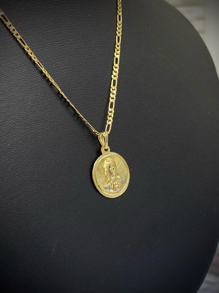 Jesus Pendant Necklace Figaro Chain For Mens Womens 14K Gold Filled 21x18mm