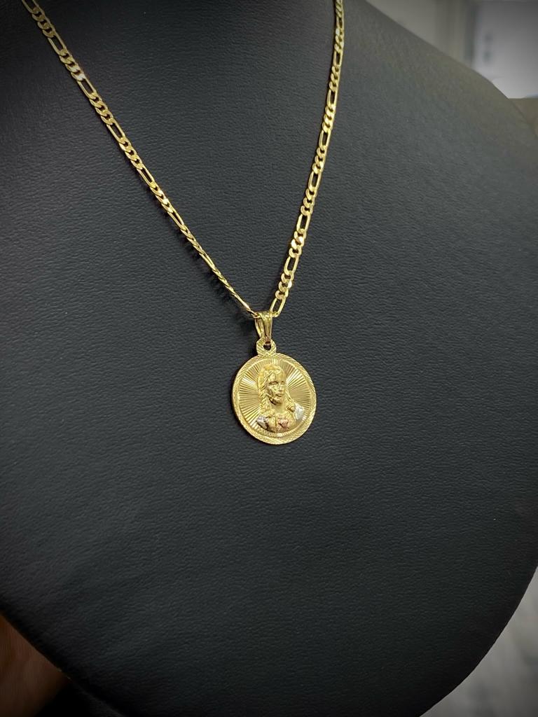 Jesus Pendant Necklace Figaro Chain For Mens Womens 14K Gold Filled 21x18mm